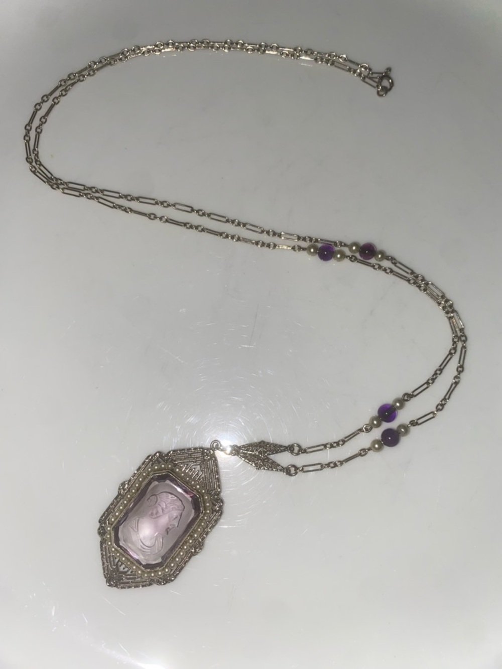 Antique Art Deco 18K White Gold Filigree Intaglio Carved Amethyst Necklace